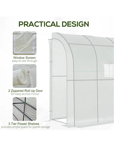 Outsunny Walk-In Lean to Wall Greenhouse with Windows and Doors, Outdoor Green House with 3 Tiers 4 Wired Shelves, 200L x 100W x