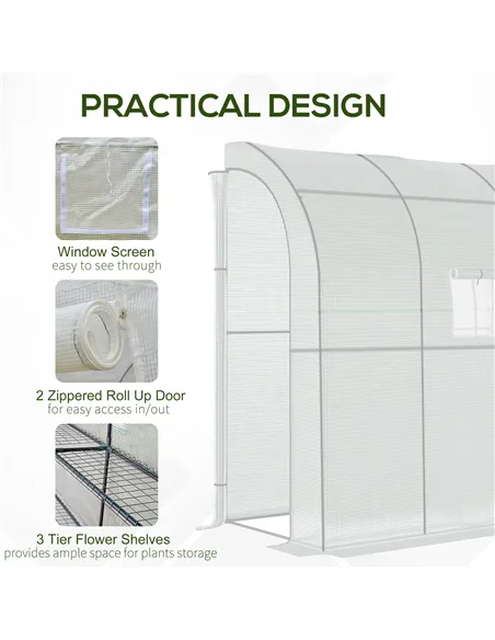 Outsunny Walk-In Lean to Wall Greenhouse with Windows and Doors, Outdoor Green House with 3 Tiers 4 Wired Shelves, 200L x 100W x