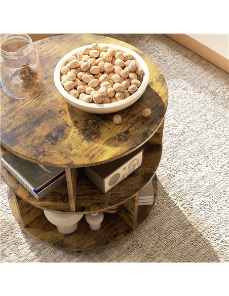 HOMCOM Round Coffee Table with Wheels, 3-Tier Rolling Side Table for Living Room with Divided Shelves, Rustic Brown