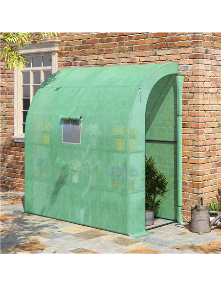 Outsunny Walk-In Lean to Wall Greenhouse with Windows and Doors, Outdoor Green House with 3 Tiers 4 Wired Shelves, 200L x 100W x