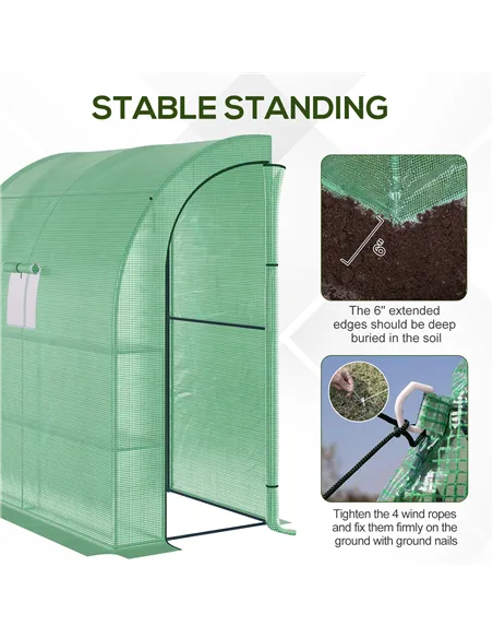 Outsunny Walk-In Lean to Wall Greenhouse with Windows and Doors, Outdoor Green House with 3 Tiers 4 Wired Shelves, 200L x 100W x