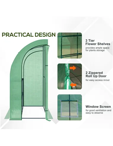 Outsunny Walk-In Lean to Wall Greenhouse with Windows and Doors, Outdoor Green House with 3 Tiers 4 Wired Shelves, 200L x 100W x