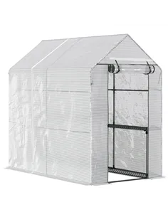 Outsunny Walk In Greenhouse with 2-Tier Shelves, Roll up Zip Panel Door, Garden Polytunnel Steeple Grow House for Outdoor, 6 x 4