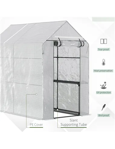 Outsunny Walk In Greenhouse with 2-Tier Shelves, Roll up Zip Panel Door, Garden Polytunnel Steeple Grow House for Outdoor, 6 x 4