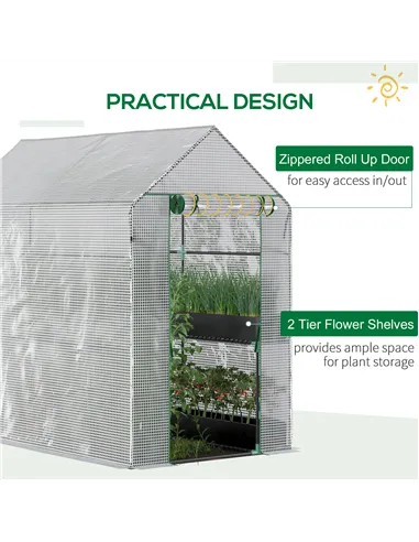 Outsunny Walk In Greenhouse with 2-Tier Shelves, Roll up Zip Panel Door, Garden Polytunnel Steeple Grow House for Outdoor, 6 x 4