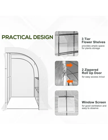 Outsunny Outdoor Walk-In Greenhouse, Plant Nursery with Zippered Doors, PE Cover and 3-Tier Shelves, White, 300 x 150 x 213 cm