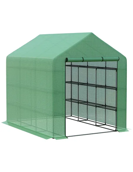 Outsunny Walk-in Greenhouse with 4 Tier 24 Shelves, Portable Grow House with Roll-up Zipped Door, 244 x 180 x 210cm, Green