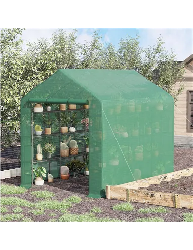 Outsunny Walk-in Greenhouse with 4 Tier 24 Shelves, Portable Grow House with Roll-up Zipped Door, 244 x 180 x 210cm, Green