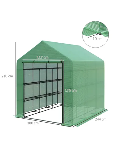 Outsunny Walk-in Greenhouse with 4 Tier 24 Shelves, Portable Grow House with Roll-up Zipped Door, 244 x 180 x 210cm, Green