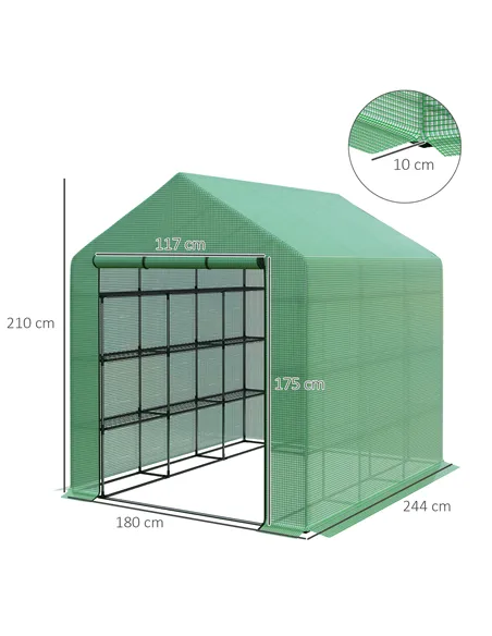 Outsunny Walk-in Greenhouse with 4 Tier 24 Shelves, Portable Grow House with Roll-up Zipped Door, 244 x 180 x 210cm, Green