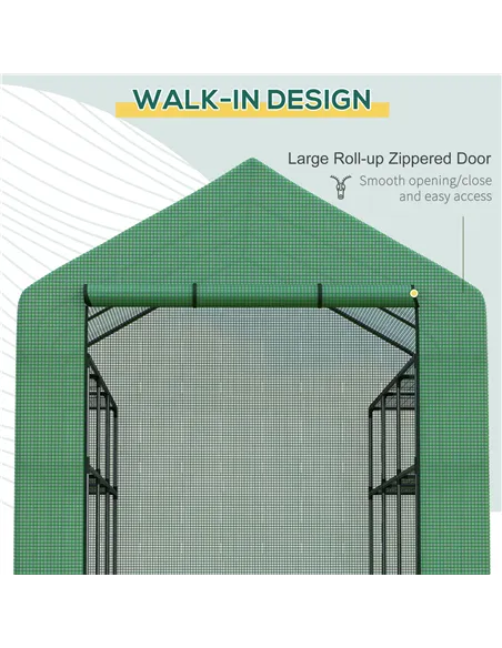 Outsunny Walk-in Greenhouse with 4 Tier 24 Shelves, Portable Grow House with Roll-up Zipped Door, 244 x 180 x 210cm, Green