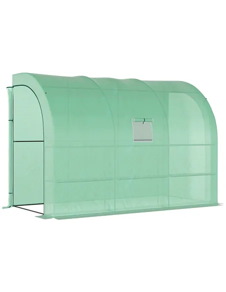 Outsunny Walk-In Lean to Greenhouse with Windows and Zippered Doors, 2 Tiers 6 Wired Shelves 300L x 150W x 213Hcm Green