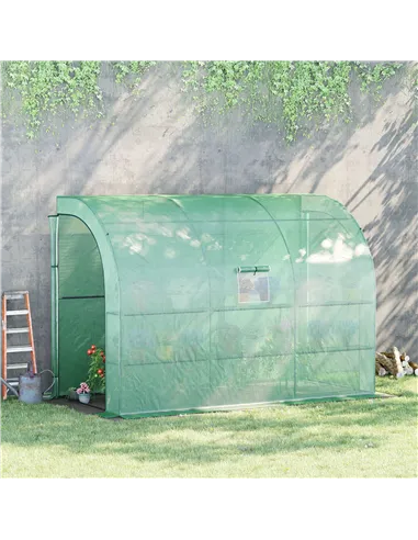 Outsunny Walk-In Lean to Greenhouse with Windows and Zippered Doors, 2 Tiers 6 Wired Shelves 300L x 150W x 213Hcm Green
