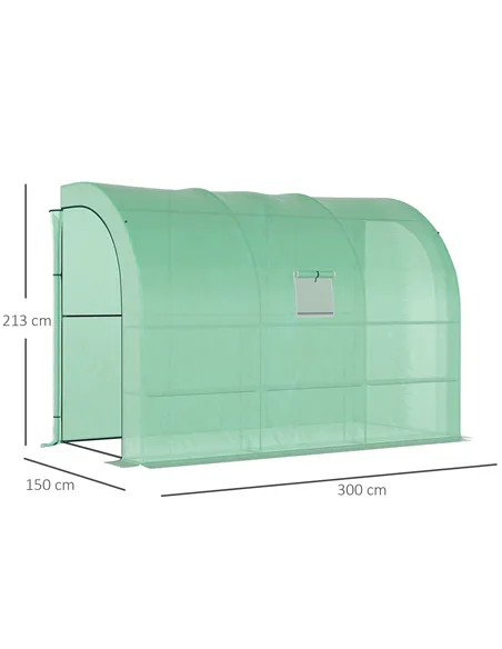 Outsunny Walk-In Lean to Greenhouse with Windows and Zippered Doors, 2 Tiers 6 Wired Shelves 300L x 150W x 213Hcm Green