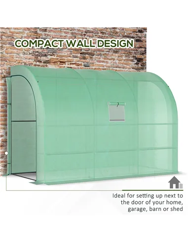 Outsunny Walk-In Lean to Greenhouse with Windows and Zippered Doors, 2 Tiers 6 Wired Shelves 300L x 150W x 213Hcm Green