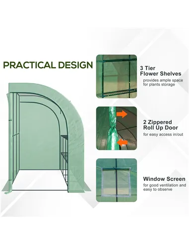 Outsunny Walk-In Lean to Greenhouse with Windows and Zippered Doors, 2 Tiers 6 Wired Shelves 300L x 150W x 213Hcm Green