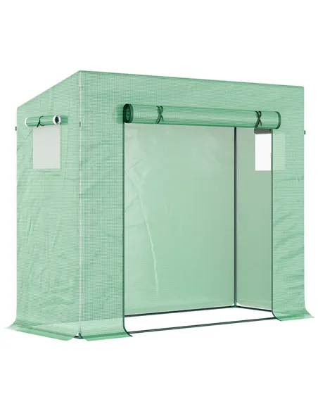 Outsunny Small Walk-in Garden Greenhouse with Steel Frame, Large Roll-up Door and Windows, 200Lx76Wx168Hcm, Green