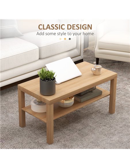 HOMCOM 2-Tier Coffee Table with Storage Shelf, Rectangular Centre Table for Living Room, Home Office, Natural Wood Finish