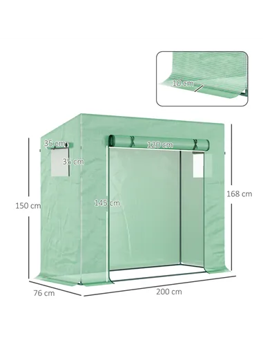 Outsunny Small Walk-in Garden Greenhouse with Steel Frame, Large Roll-up Door and Windows, 200Lx76Wx168Hcm, Green