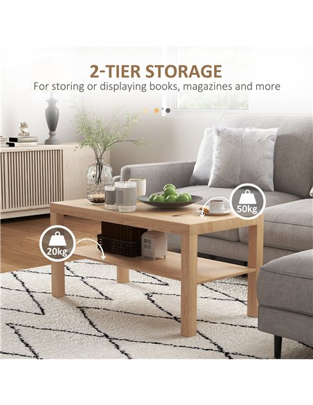 HOMCOM 2-Tier Coffee Table with Storage Shelf, Rectangular Centre Table for Living Room, Home Office, Natural Wood Finish