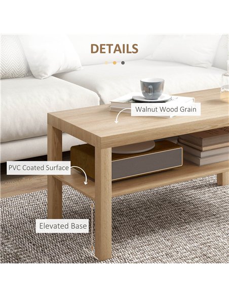 HOMCOM 2-Tier Coffee Table with Storage Shelf, Rectangular Centre Table for Living Room, Home Office, Natural Wood Finish