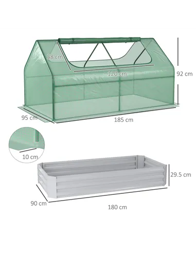 Outsunny Raised Garden Bed with Greenhouse, Steel Planter Box with Plastic Cover, Roll Up Window, Dual Use for Flowers, Vegetabl