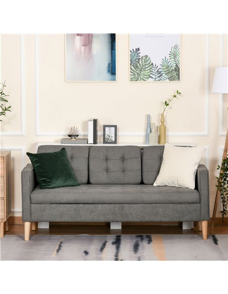 HOMCOM Modern 3 Seater Sofa with Hidden Storage, 169cm Tufted Cotton Couch with Wood Legs, Compact Sofa for Living Room, Grey