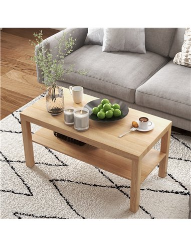 HOMCOM 2-Tier Coffee Table with Storage Shelf, Rectangular Centre Table for Living Room, Home Office, Natural Wood Finish