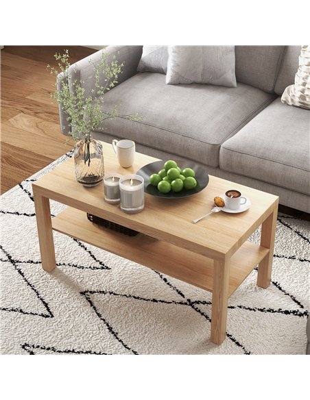 HOMCOM 2-Tier Coffee Table with Storage Shelf, Rectangular Centre Table for Living Room, Home Office, Natural Wood Finish