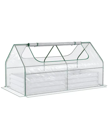 Outsunny Raised Garden Bed with Greenhouse, Steel Planter Box with Plastic Cover, Roll Up Window, Dual Use for Flowers, Vegetabl