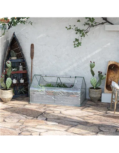 Outsunny Raised Garden Bed with Greenhouse, Steel Planter Box with Plastic Cover, Roll Up Window, Dual Use for Flowers, Vegetabl