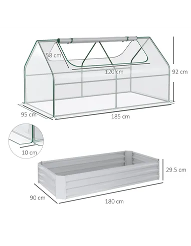 Outsunny Raised Garden Bed with Greenhouse, Steel Planter Box with Plastic Cover, Roll Up Window, Dual Use for Flowers, Vegetabl