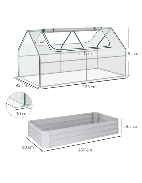 Outsunny Raised Garden Bed with Greenhouse, Steel Planter Box with Plastic Cover, Roll Up Window, Dual Use for Flowers, Vegetabl