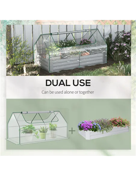 Outsunny Raised Garden Bed with Greenhouse, Steel Planter Box with Plastic Cover, Roll Up Window, Dual Use for Flowers, Vegetabl