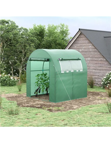 Outsunny Walk in Polytunnel Greenhouse, Green House for Garden with Roll-up Window and Door, 1.8 x 1.8 x 2 m, Green