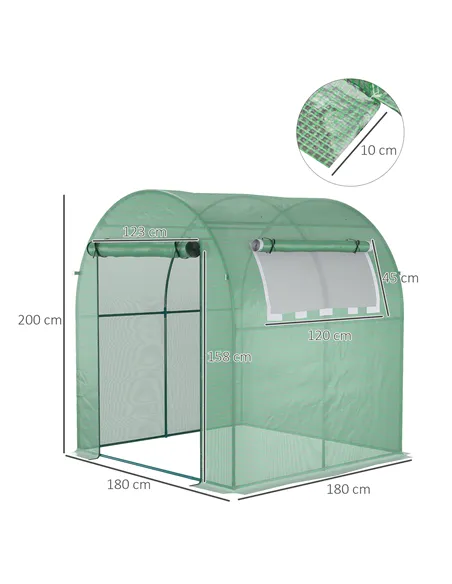 Outsunny Walk in Polytunnel Greenhouse, Green House for Garden with Roll-up Window and Door, 1.8 x 1.8 x 2 m, Green
