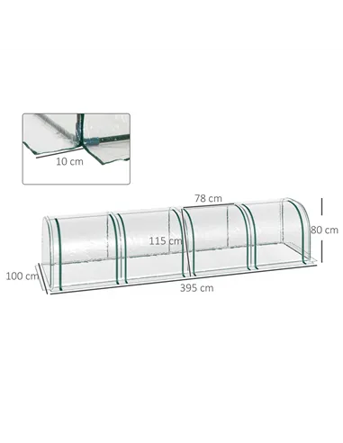 Outsunny Mini Greenhouse, Small Polytunnel Green House with Zipped Doors, Steel Frame for Garden Backyard, 395 x 100 x 80cm, Cle