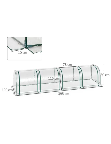 Outsunny Mini Greenhouse, Small Polytunnel Green House with Zipped Doors, Steel Frame for Garden Backyard, 395 x 100 x 80cm, Cle
