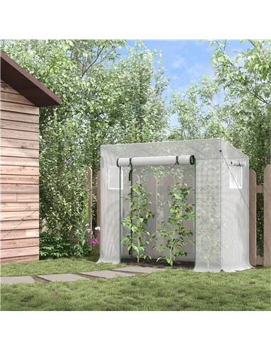 Outsunny Small Walk-in Garden Greenhouse with Steel Frame, Large Roll-up Door and Windows, 200Lx76Wx168Hcm, White
