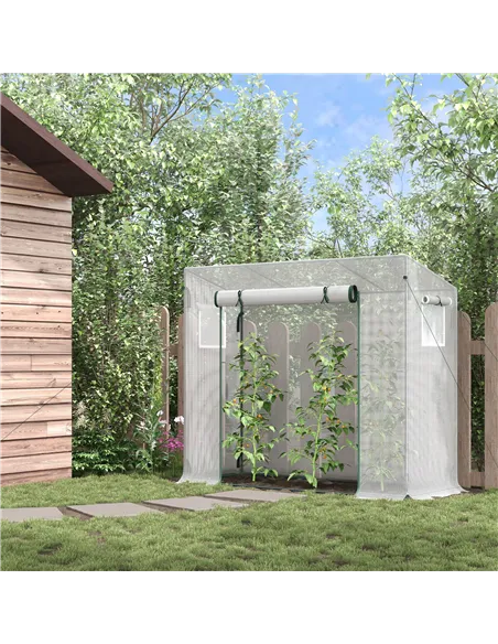 Outsunny Small Walk-in Garden Greenhouse with Steel Frame, Large Roll-up Door and Windows, 200Lx76Wx168Hcm, White