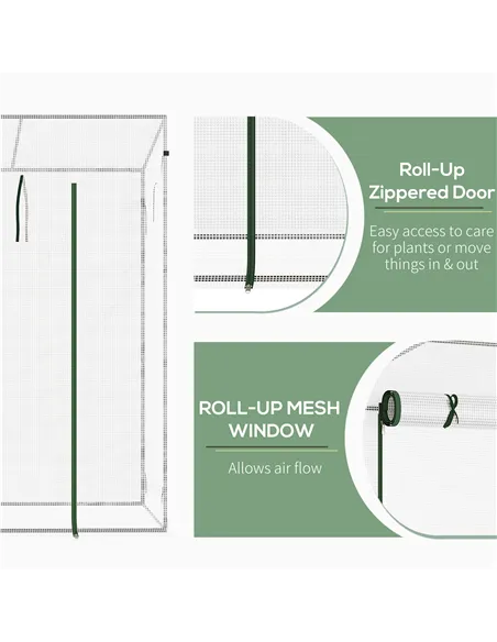 Outsunny Small Walk-in Garden Greenhouse with Steel Frame, Large Roll-up Door and Windows, 200Lx76Wx168Hcm, White