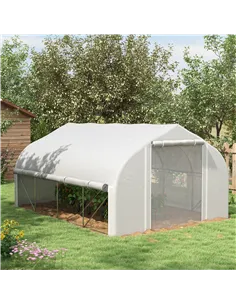 Outsunny 4 x 3(m) Walk-in Polytunnel Greenhouse, Zipped Roll Up Sidewalls, Mesh Door, 8 Mesh Windows, Tunnel Warm House Tent wit 2