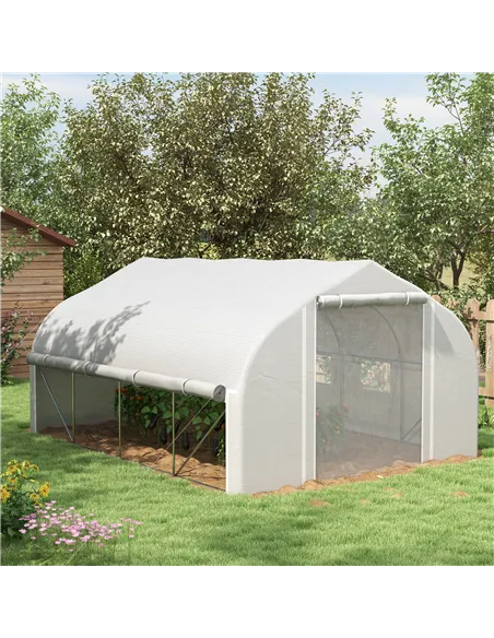 Outsunny 4 x 3(m) Walk-in Polytunnel Greenhouse, Zipped Roll Up Sidewalls, Mesh Door, 8 Mesh Windows, Tunnel Warm House Tent wit