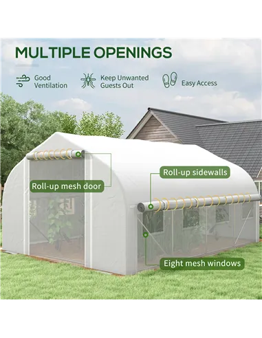 Outsunny 4 x 3(m) Walk-in Polytunnel Greenhouse, Zipped Roll Up Sidewalls, Mesh Door, 8 Mesh Windows, Tunnel Warm House Tent wit