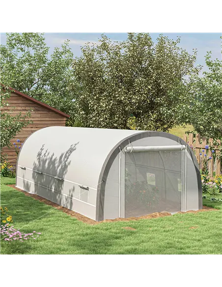 Outsunny 6 x 3(m) Polytunnel Greenhouse with Upgraded Structure, Mesh Door and Windows, 15 Plant Labels, White