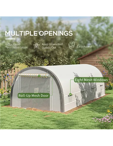 Outsunny 6 x 3(m) Polytunnel Greenhouse with Upgraded Structure, Mesh Door and Windows, 15 Plant Labels, White
