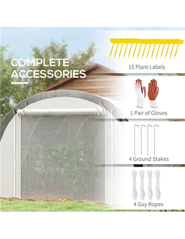 Outsunny 6 x 3(m) Polytunnel Greenhouse with Upgraded Structure, Mesh Door and Windows, 15 Plant Labels, White