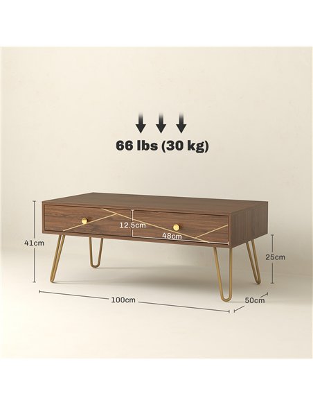 HOMCOM Coffee Table with Storage, Living Room Table with Drawers, Rectangular Tea Table with Steel Base for Home, 100 x 50 x 41 