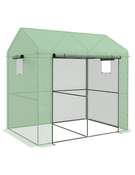 Outsunny Greenhouse, Walk-in Garden Grow House with Roll-up Door and Mesh Windows, 200 x 140 x 200cm, Green