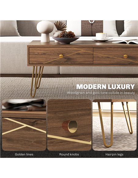 HOMCOM Coffee Table with Storage, Living Room Table with Drawers, Rectangular Tea Table with Steel Base for Home, 100 x 50 x 41 